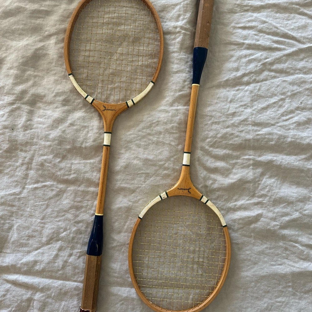 Vintage Wooden Badminton Rackets for child with blue and white accents